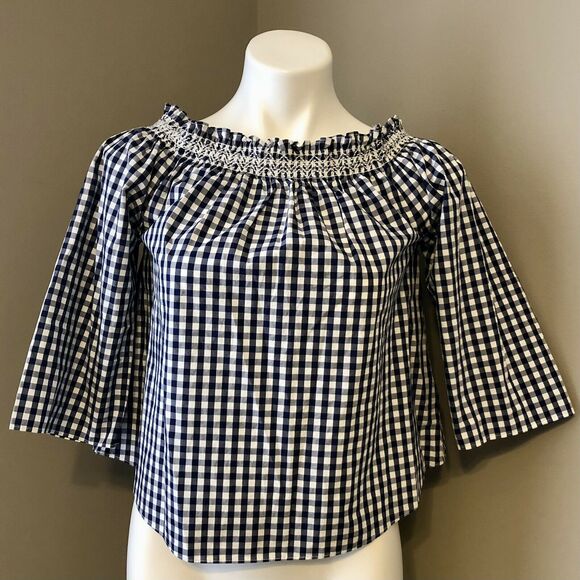 Madewell Gingham Blouse XXS Off Shoulder Navy Blue And White Checked Loose Fit - Picture 5 of 11
